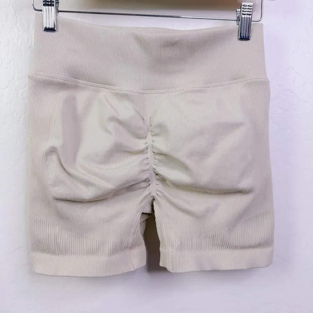 Jojoans Ribbed Sports Bra & Biker Shorts 2 Piece Gym Workout Set Ivory Sz L NWOT